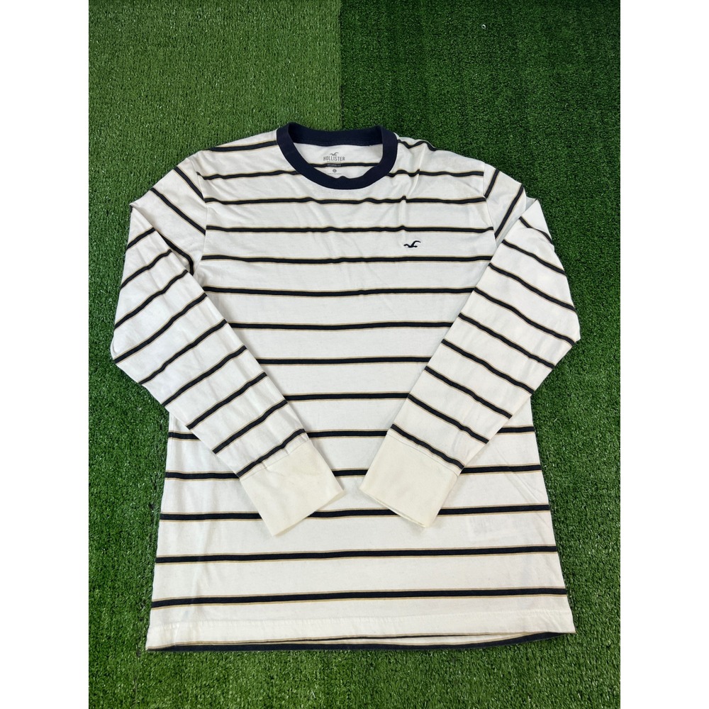 Hollister Mens Relaxed Fit Striped Long Sleeve T-Shirt White Navy Tan LG
